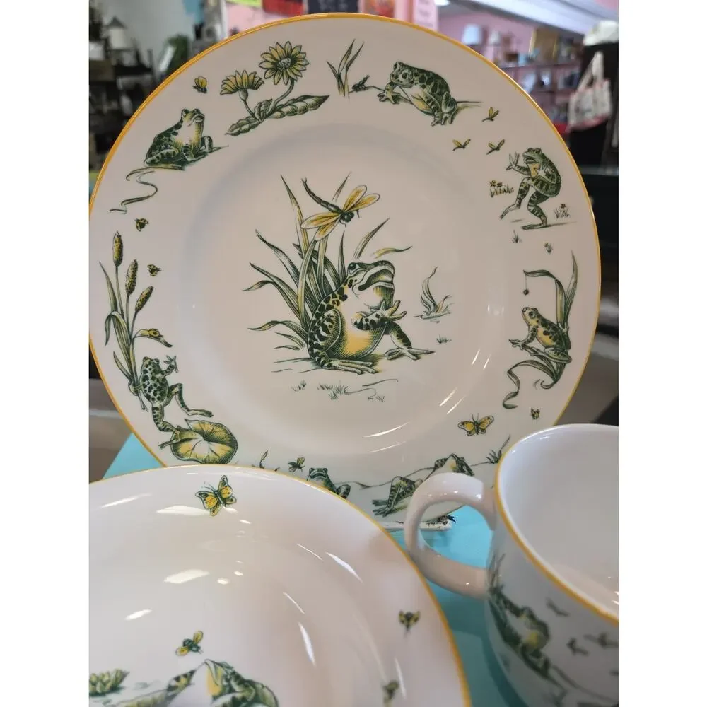 Tiffany & Co. Pond 2004 Frog Bone China Plate Saucer Bowl Cup Mug Full 3pc Set